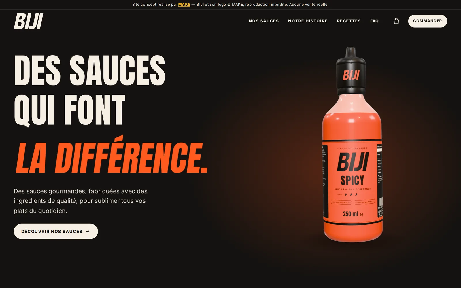 Site BIJI, page d'accueil avec la bouteille de sauce en 3D